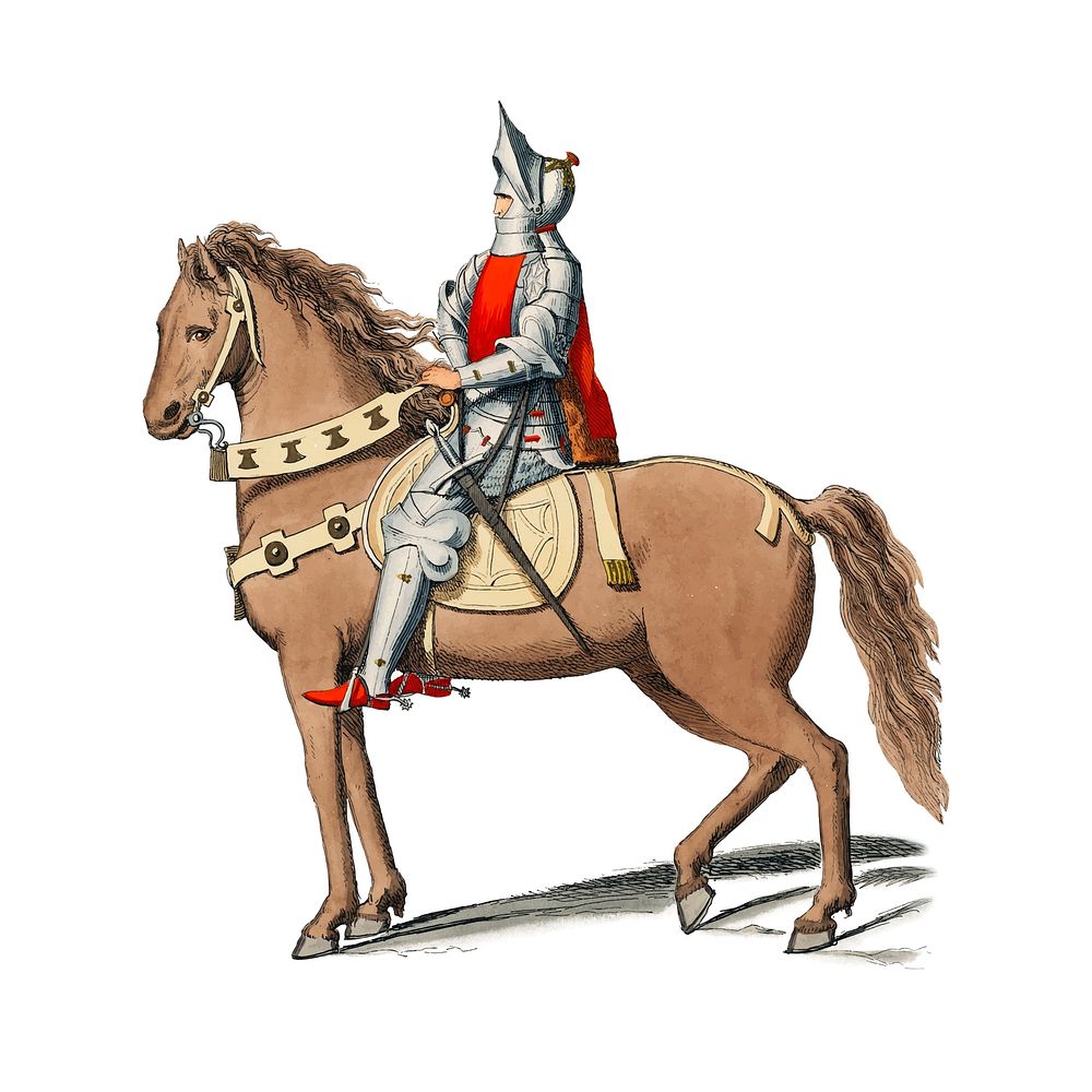 Costume Militaire Florentin, by Paul Mercuri (1860) a portrait of a knight on horse back with full armor. Digitally enhanced…