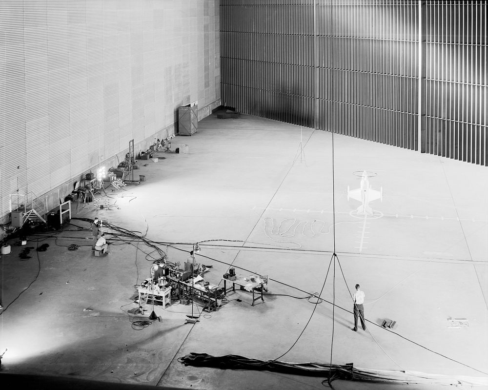 Wide shot of 40x 80 wind tunnel settling chamber with Lockheed XFV-1 model. Project engineer Mark Kelly (not shown). Remote…