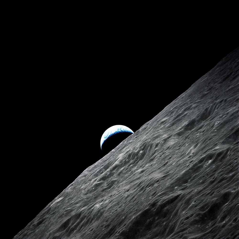 Crescent Earth rises above the lunar horizon taken during the Apollo 17 mission. Original from NASA. Digitally enhanced by…