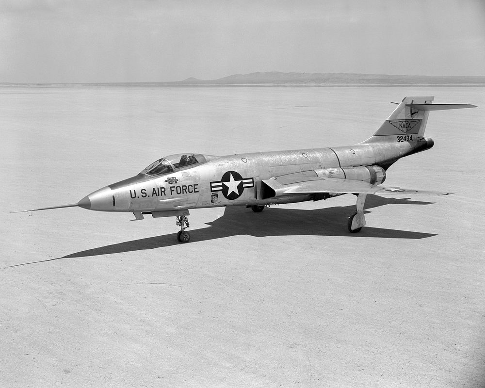 McDonnell F-101A-1-MC Voodoo 53-2418, first production aircraft, parked on Rogers Dry Lake, Edwards AFB. (U.S. Air Force).…