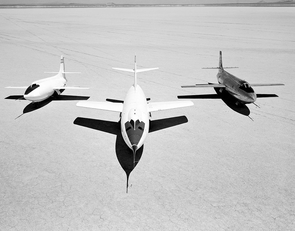Early NACA research aircraft on the lakebed at the High Speed Research Station in 1955. Original from NASA. Digitally…