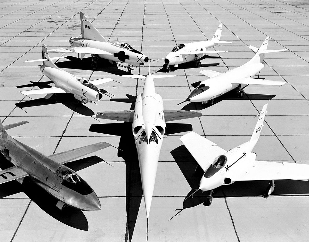 X-3, and clockwise from left: X-1A, D-558-I, XF-92A, X-5, D-558-II, and X-4. Original from NASA. Digitally enhanced by…