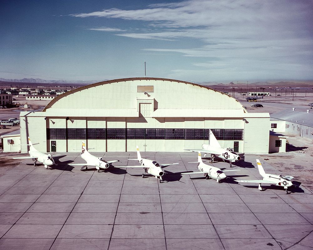 NACA X-Planes on South Base ramp. Northrop X-4, Bell X-1, Bell X-5, Douglas D-558-1, Douglas D-558-2. Back row Convair XF…