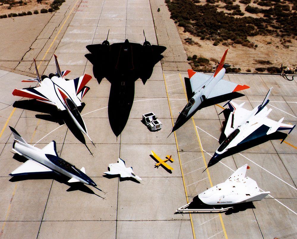 Collection of NASA's research aircraft on the ramp at the Dryden Flight Research Center: X-31, F-15 ACTIVE, SR-71, F-106, F…