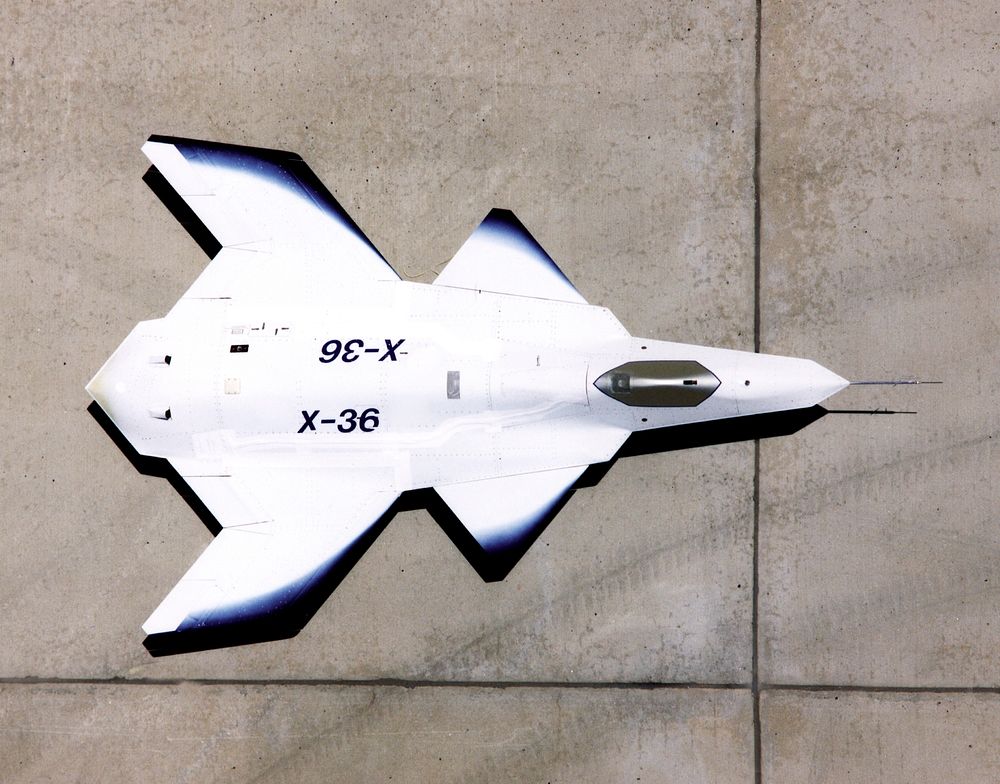 This look-down view of the X-36 Tailless Fighter Agility Research Aircraft on the ramp at NASA&rsquo;s Dryden Flight…