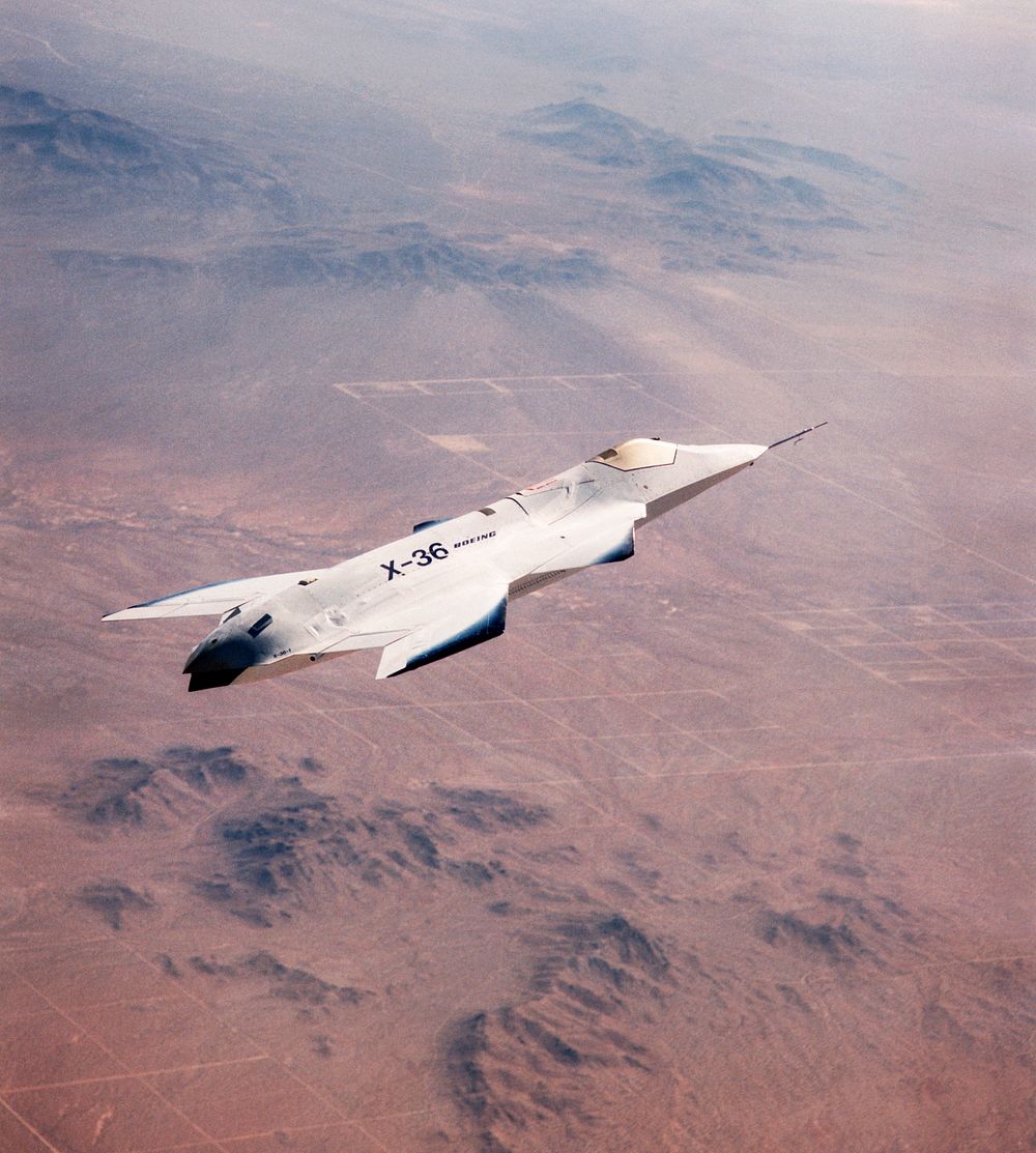The X-36 technology demonstrator shows off its distinctive shape as the remotely piloted aircraft flies a research mission…