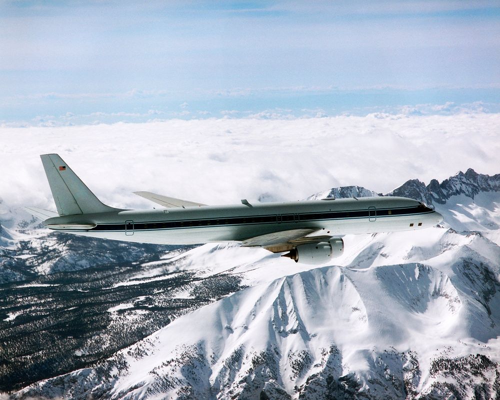 NASA's DC-8 Airborne Laboratory during a flight over the snow-covered Sierra Nevada Mountains. Over the past several years…