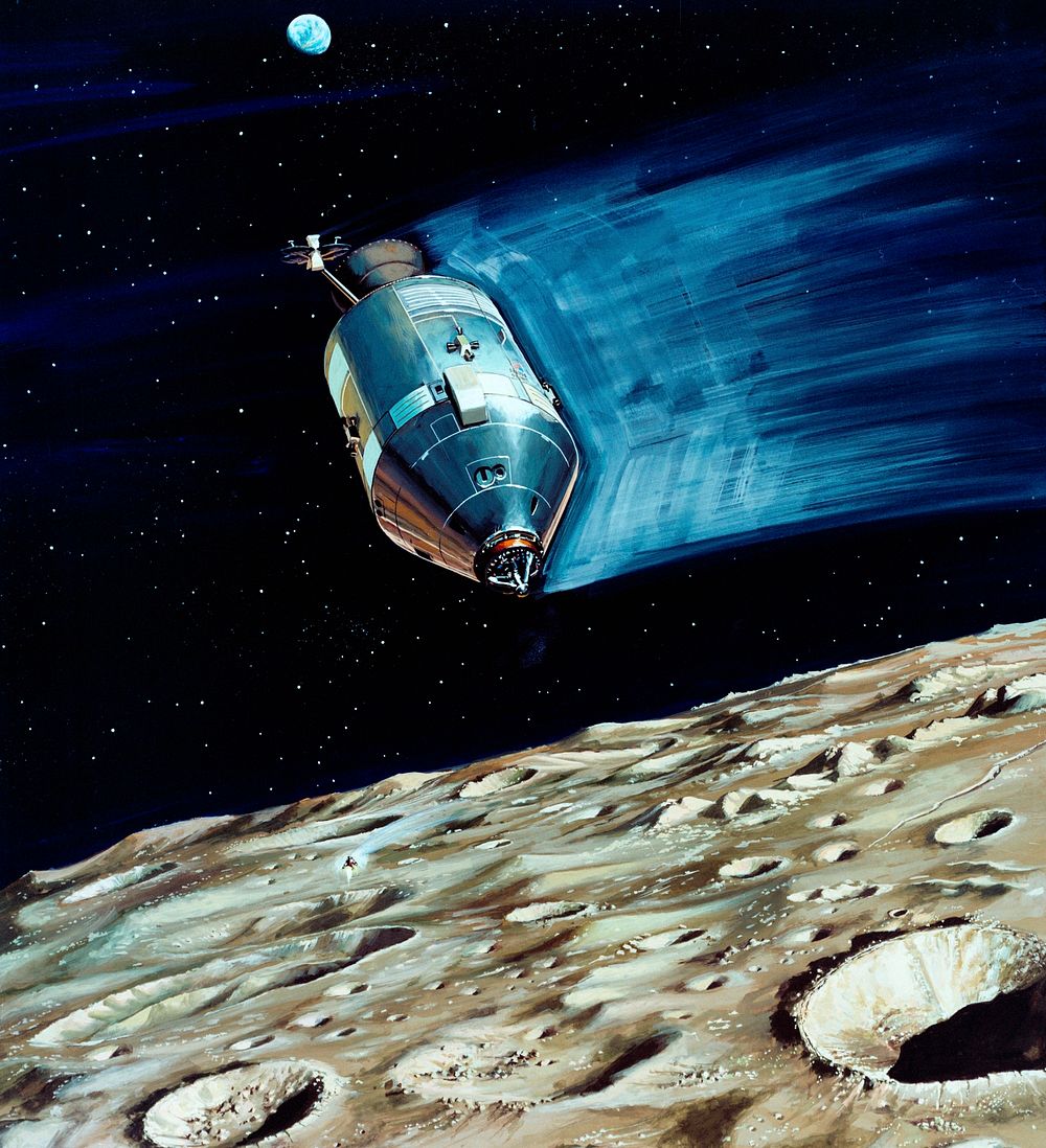 Rendered image of a small lunar subsatellite being ejected into lunar orbit from the Apollo 15 Service Module. Original from…