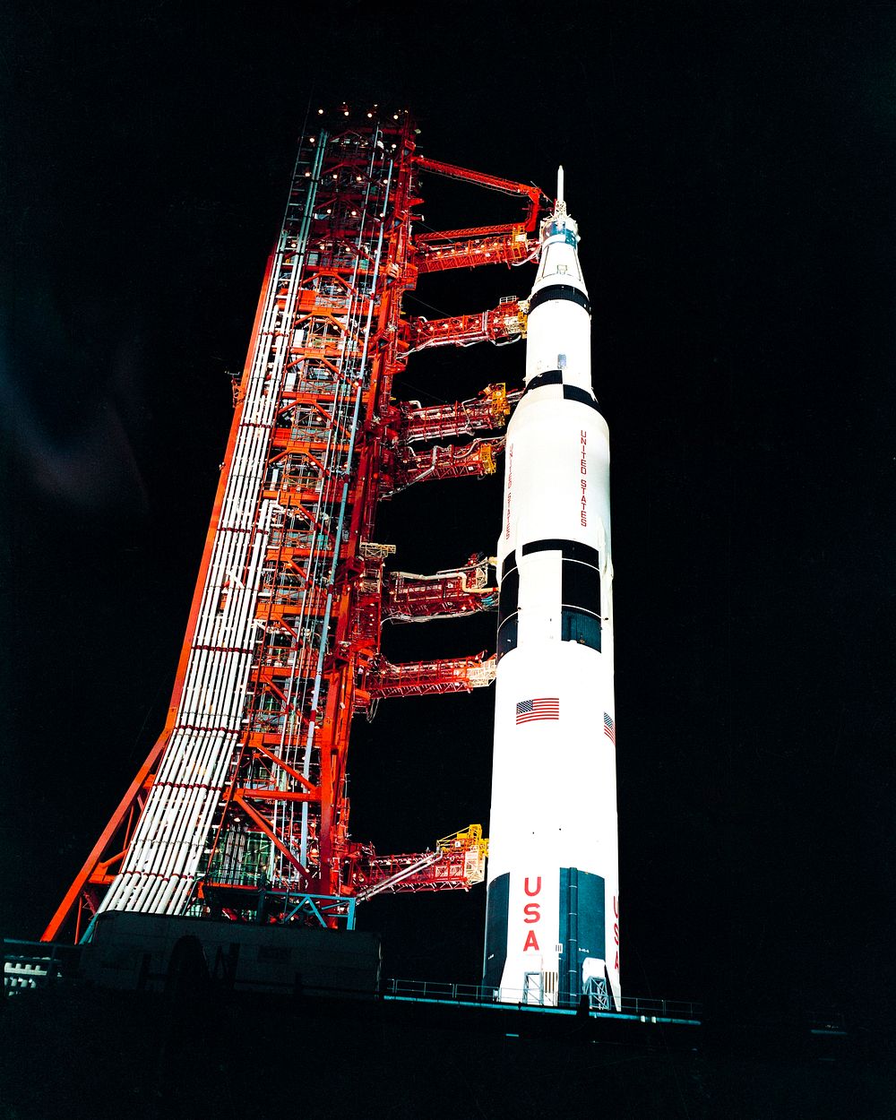 Nighttime, ground level view of Pad A, Launch Complex 39, Kennedy Space Center, showing the Apollo 13. Original from NASA.…