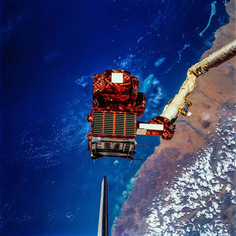 View of the SPARTAN satellite during its release into orbit. Original from NASA. Digitally enhanced by rawpixel.