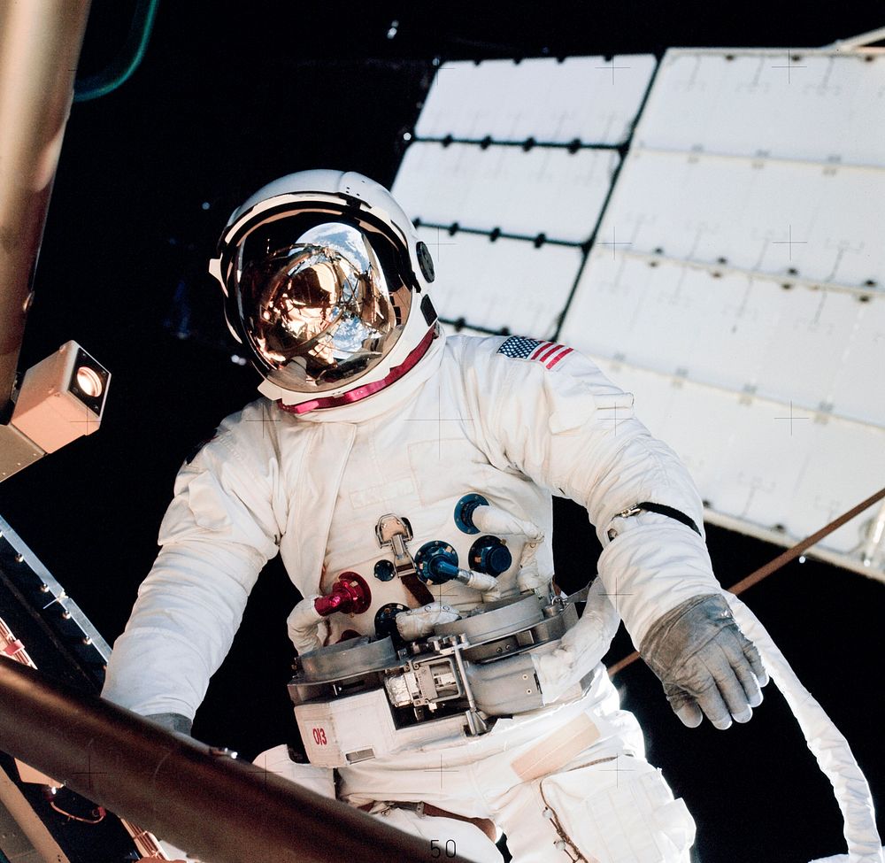 Astronaut Jack R. Lousma, Skylab 3 pilot, participates in the Aug. 6, 1973, extravehicular activity. Original from NASA.…