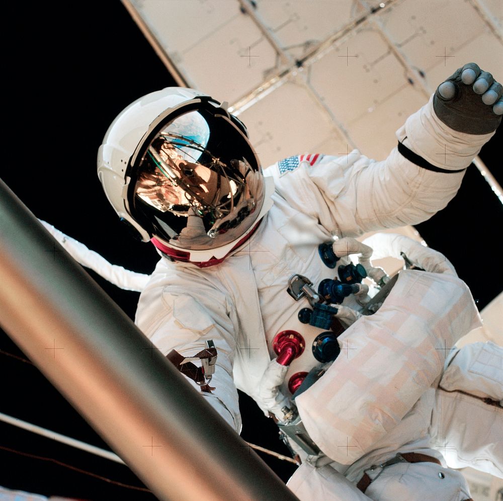 Astronaut Jack Lousma participates in EVA to deploy twin pole solar shield. Original from NASA. Digitally enhanced by…