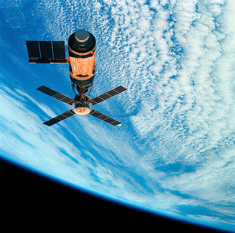 View of Skylab space station cluster in Earth orbit from CSM. Original from NASA. Digitally enhanced by rawpixel.