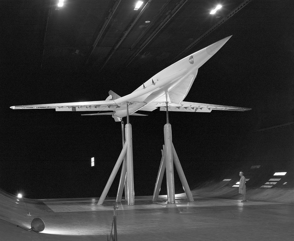 Supersonic Transport Configuration in Large scale (40x80 foot) Wind Tunnel Investigation at Ames Research Center. 3/4 front…