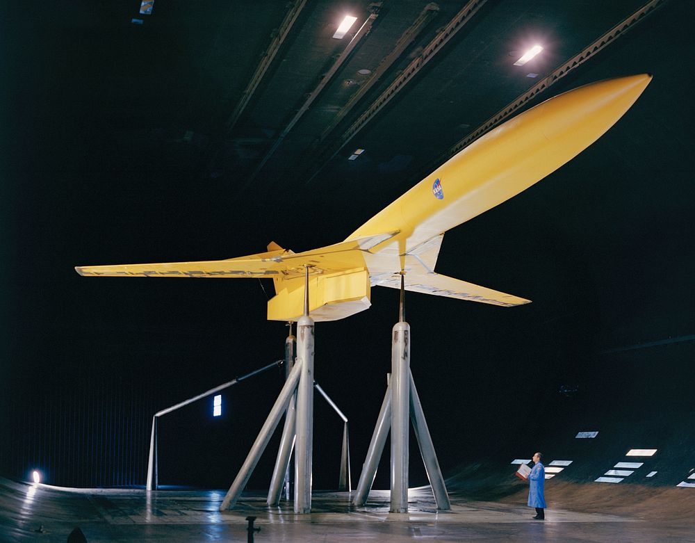 SCAT-16; Variable Sweep Model in 40x80 Wind Tunnel at NASA Ames. 3/4 view of model in cruise configuration with 25 deg.…