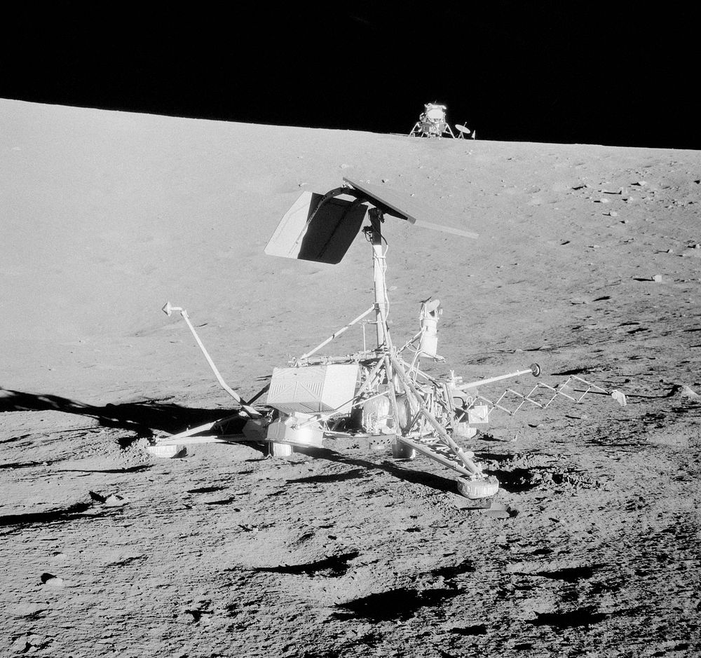 This unusual view shows two NASA spacecrafts on the surface of the moon, 20 Nov. 1969. Original from NASA . Digitally…