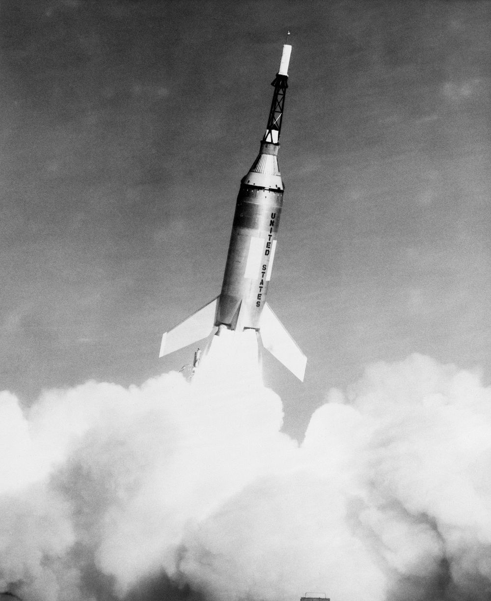 Launch of Little Joe-2 from Wallops Island carrying Mercury spacecraft test article. Original from NASA. Digitally enhanced…