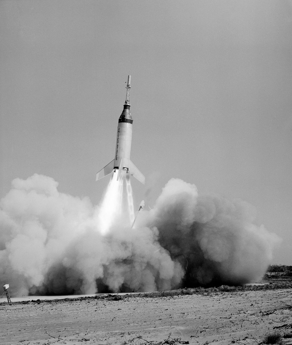 View of the launch of the Little Joe-5B spacecraft from Wallops Island on April 28, 1961. Original from NASA. Digitally…