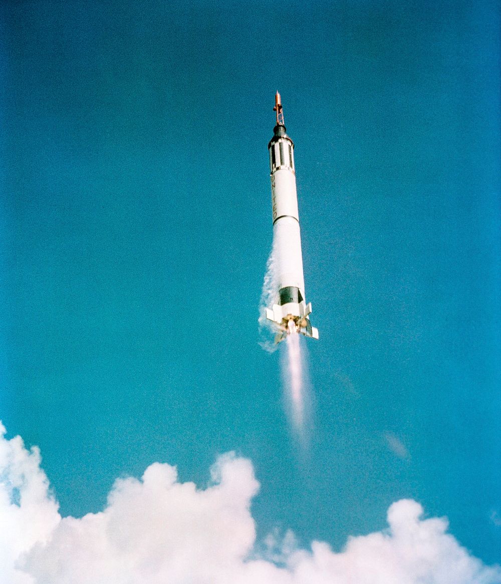 The launch of the Mercury-Redstone 3 spacecraft from Cape Canaveral on a suborbital mission, 5 May 1961. Original from NASA.…