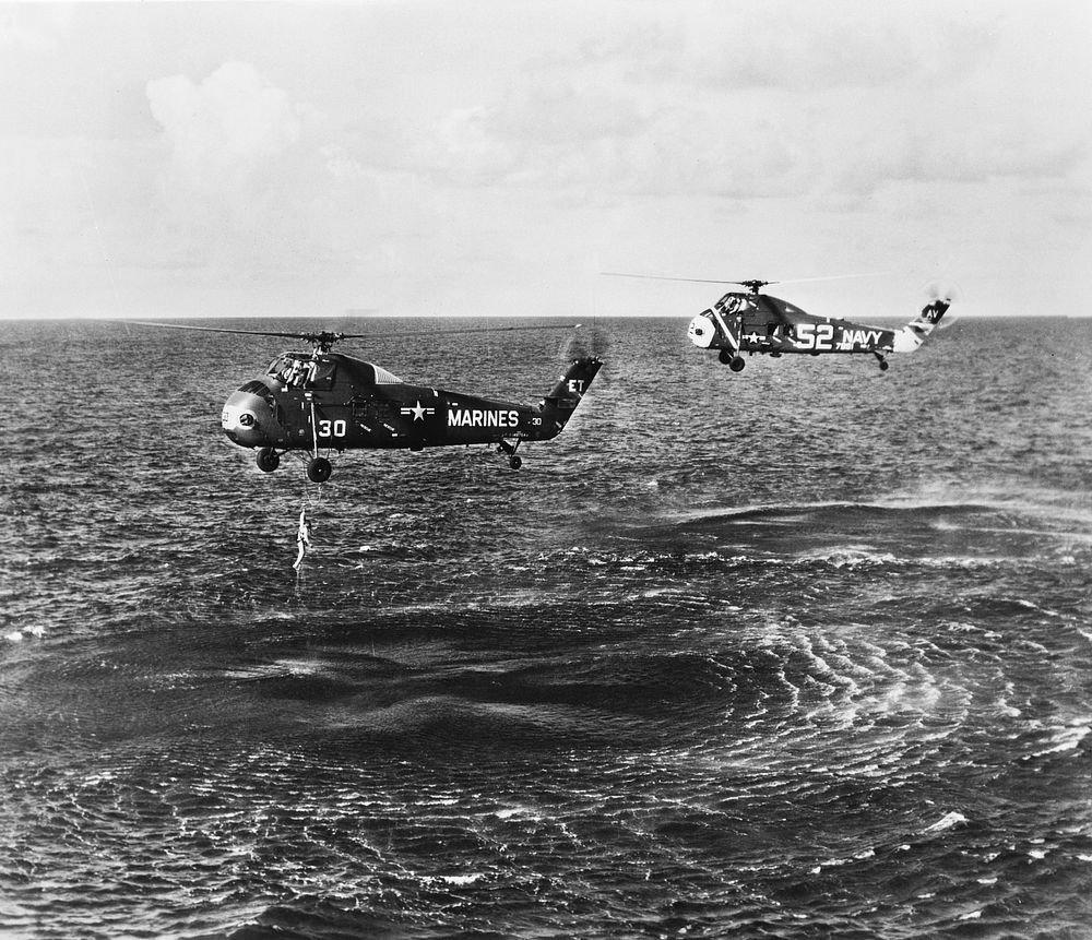 Marine Corps helicopter retrieves astronaut Virgil I. Grissom from the Atlantic Ocean on July 21, 1961. Original from NASA.…