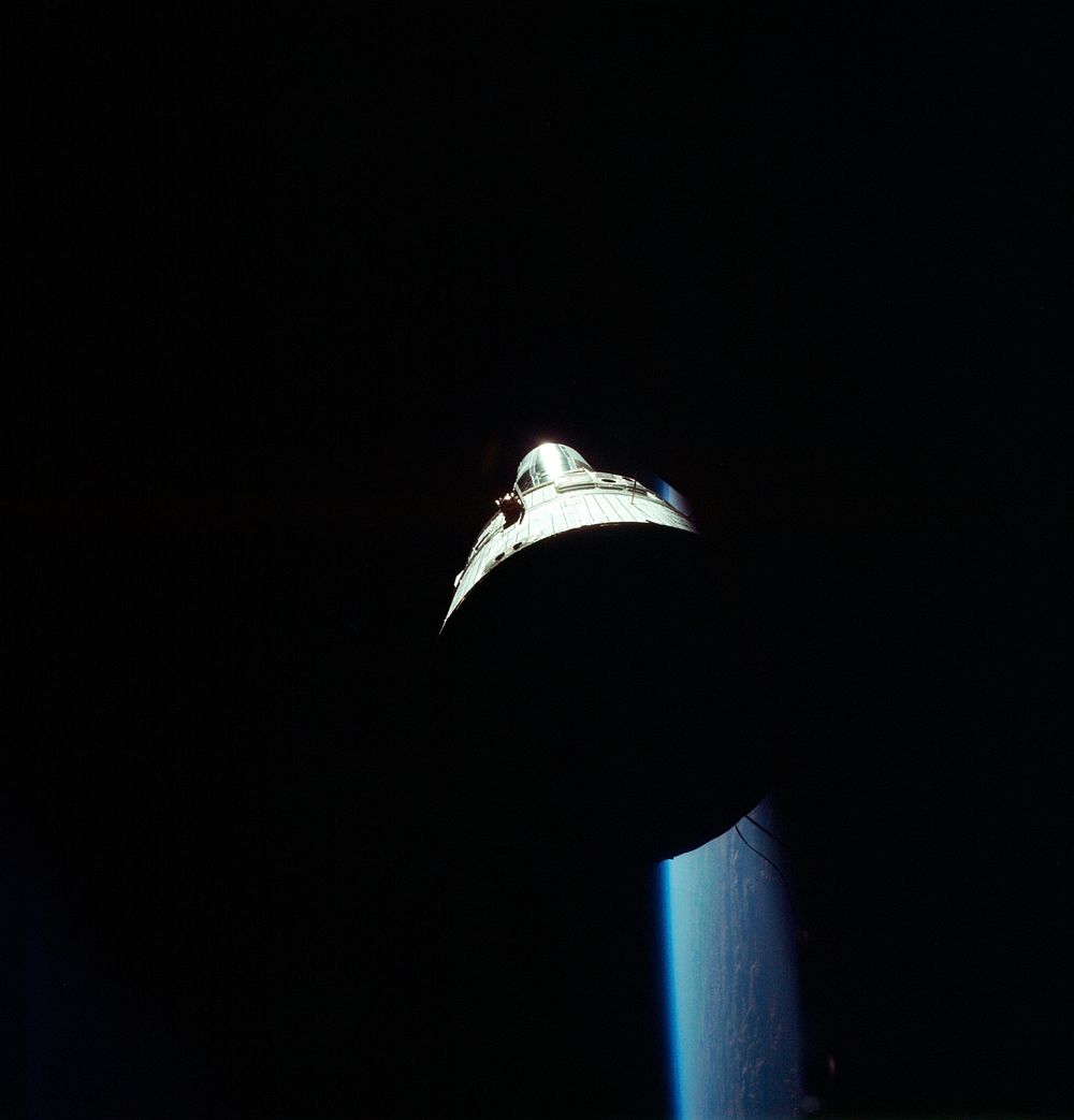 The Gemini-7 spacecraft as seen from the Gemini-6 spacecraft during their rendezvous mission in space. Original from NASA.…