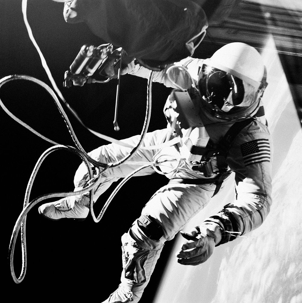 Astronaut Edward H. White II, floats in the zero gravity of space outside the Gemini IV spacecraft. Original from NASA.…