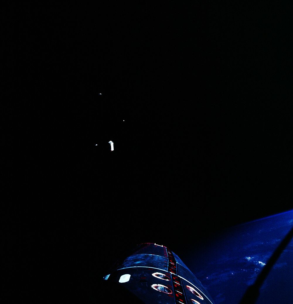 Gemini 12 equipment jettison during rendezvous mission in space. Original from NASA. Digitally enhanced by rawpixel.