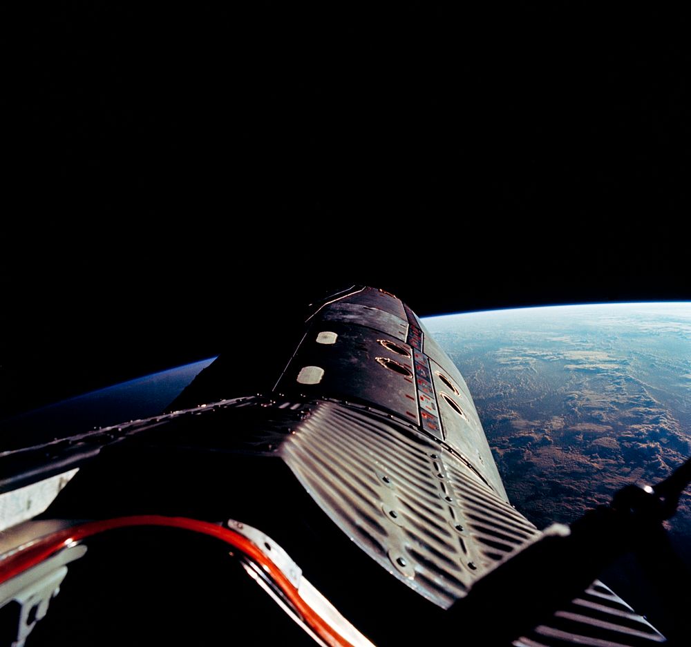 The Gemini-12 spacecraft during standup extravehicular activity with the hatch open. Original from NASA. Digitally enhanced…