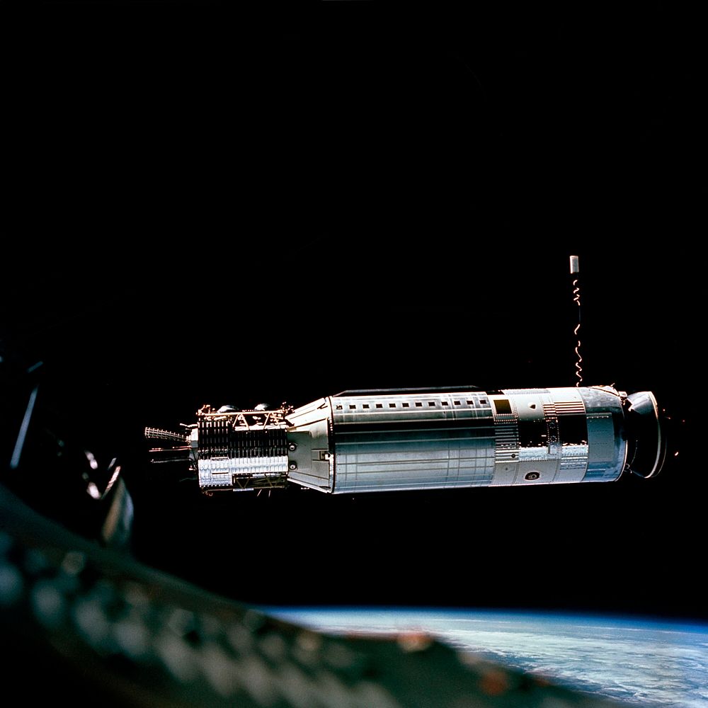 Closer view of the Agena Target Docking vehicle seen from the Gemini-8 spacecraft during rendezvous in space. Original from…