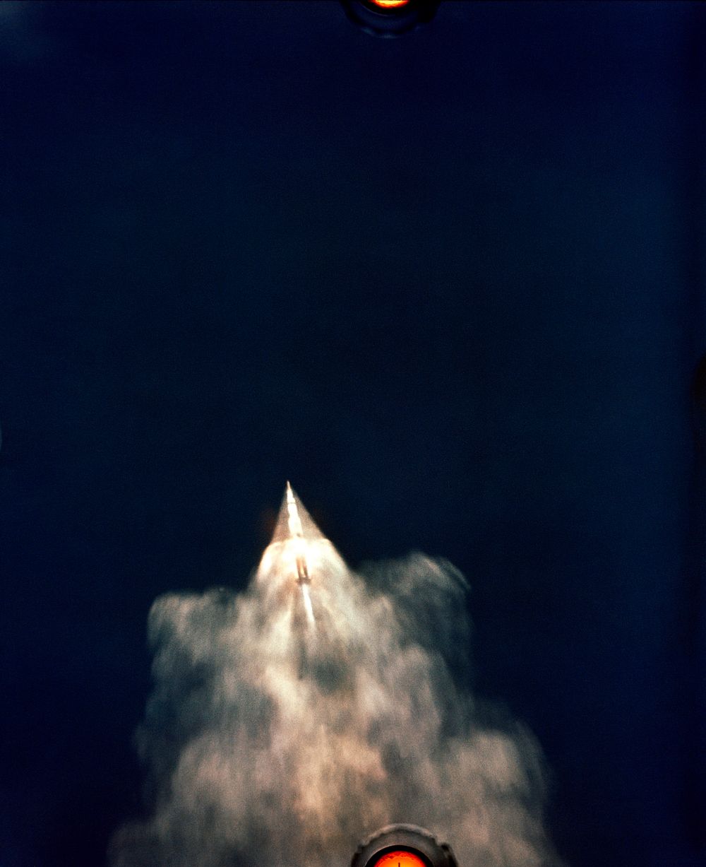 Early moments of the Apollo 11 launch. The 7.6 million-pound thrust Saturn V first stage boosts the space vehicle to an…
