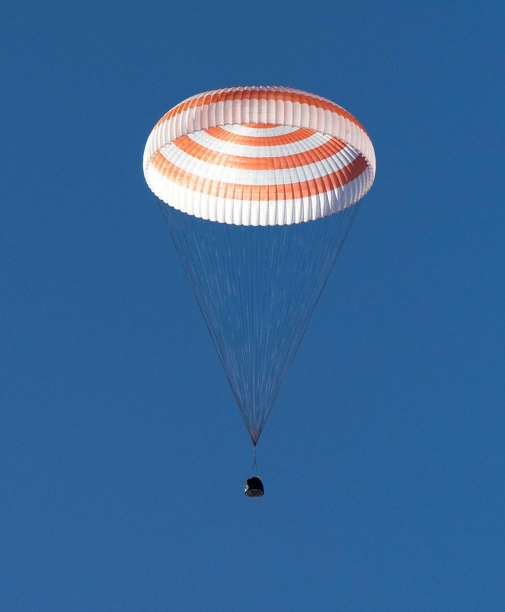 The Soyuz MS-02 spacecraft is seen as it lands with Expedition 50 near the town of Zhezkazgan, Kazakhstan, April 10, 2017.…