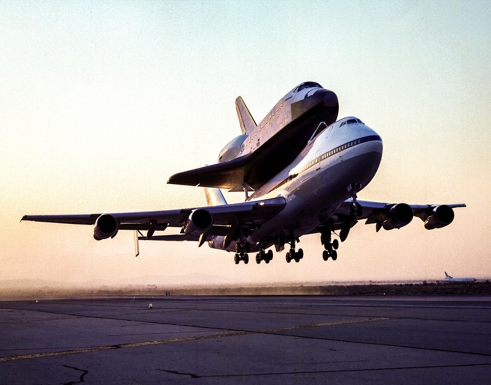 Space Shuttle Endeavour Mated to 747 SCA Takeoff for Delivery to Kennedy Space Center, Florida, 1991. Original from NASA .…