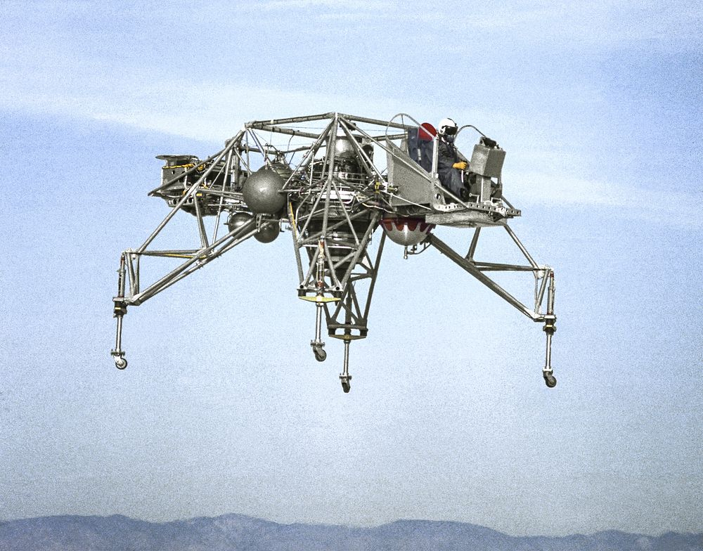 The Lunar Landing Research Vehicle (LLRV) number 1 in flight, December 9, 1964. Original from NASA. Digitally enhanced by…