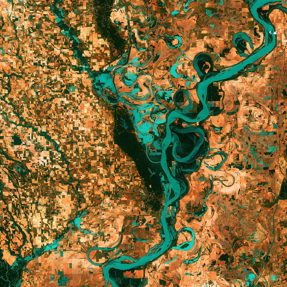 Small, blocky shapes of towns, fields, and pastures surround the graceful swirls and whorls of the Mississippi River.…