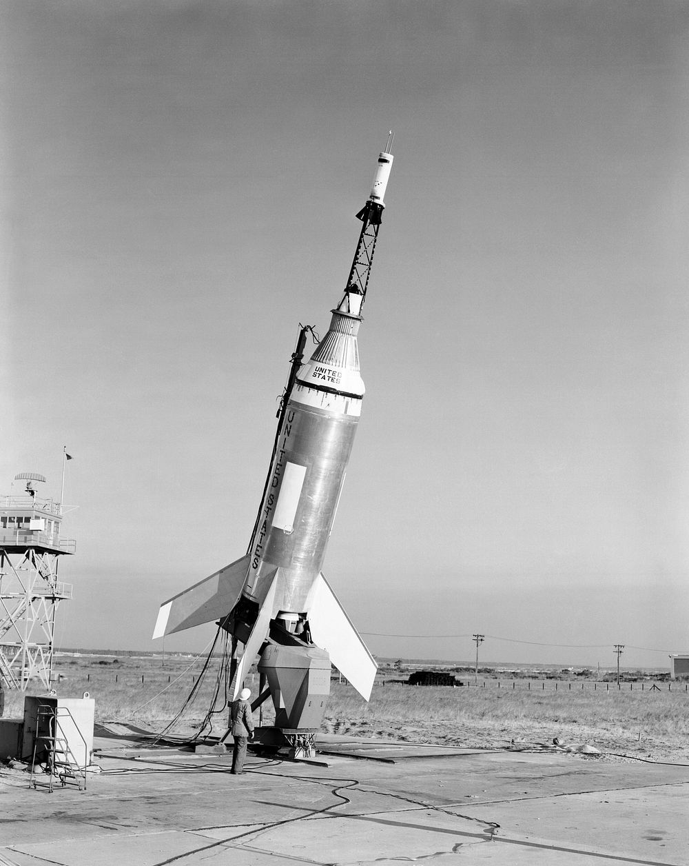 The Little Joe launch vehicle being readied for a test launch from Wallops in January 1960. Original from NASA. Digitally…