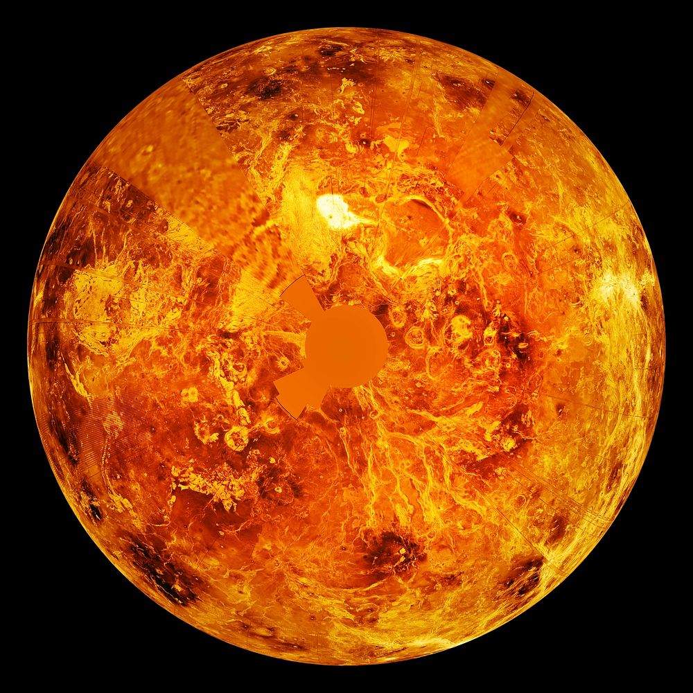 The northern hemisphere is displayed in this global view of the surface of Venus. Original from NASA. Digitally enhanced by…