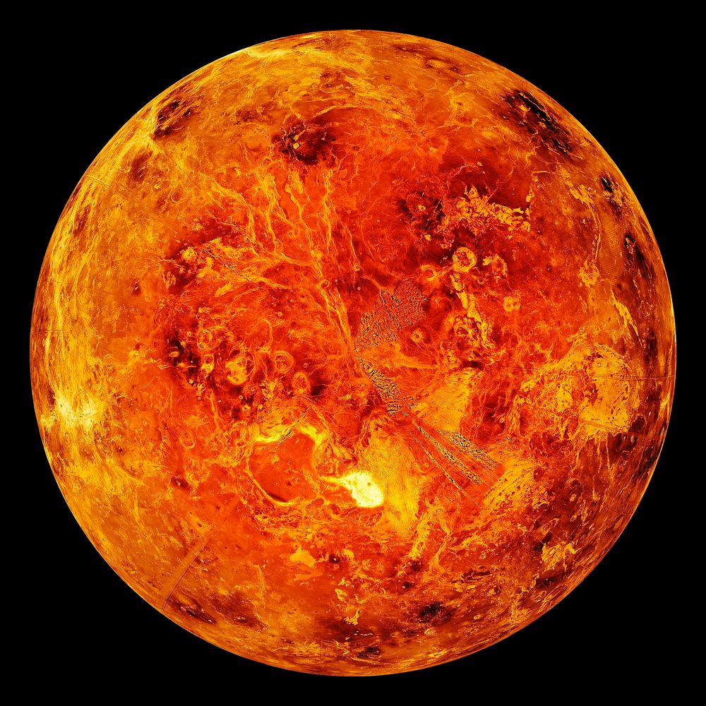 The northern hemisphere is displayed in this global view of the surface of Venus. Original from NASA. Digitally enhanced by…