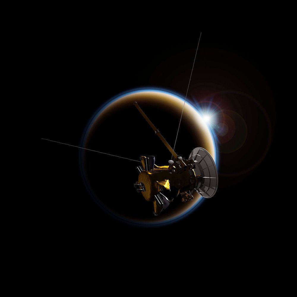 Artist's rendering of NASA's Cassini spacecraft observing a sunset through Titan's hazy atmosphere. Original from NASA.…