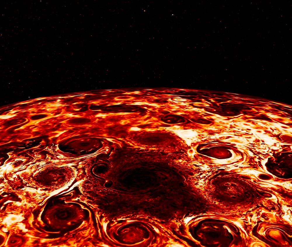Cyclones encircle Jupiter's North Pole. Original from NASA. Digitally enhanced by rawpixel.