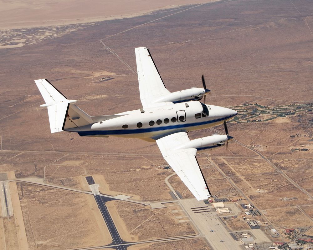 One of NASA Dryden Flight Research Center's two Beechcraft King Air mission support aircraft shows off its lines over…