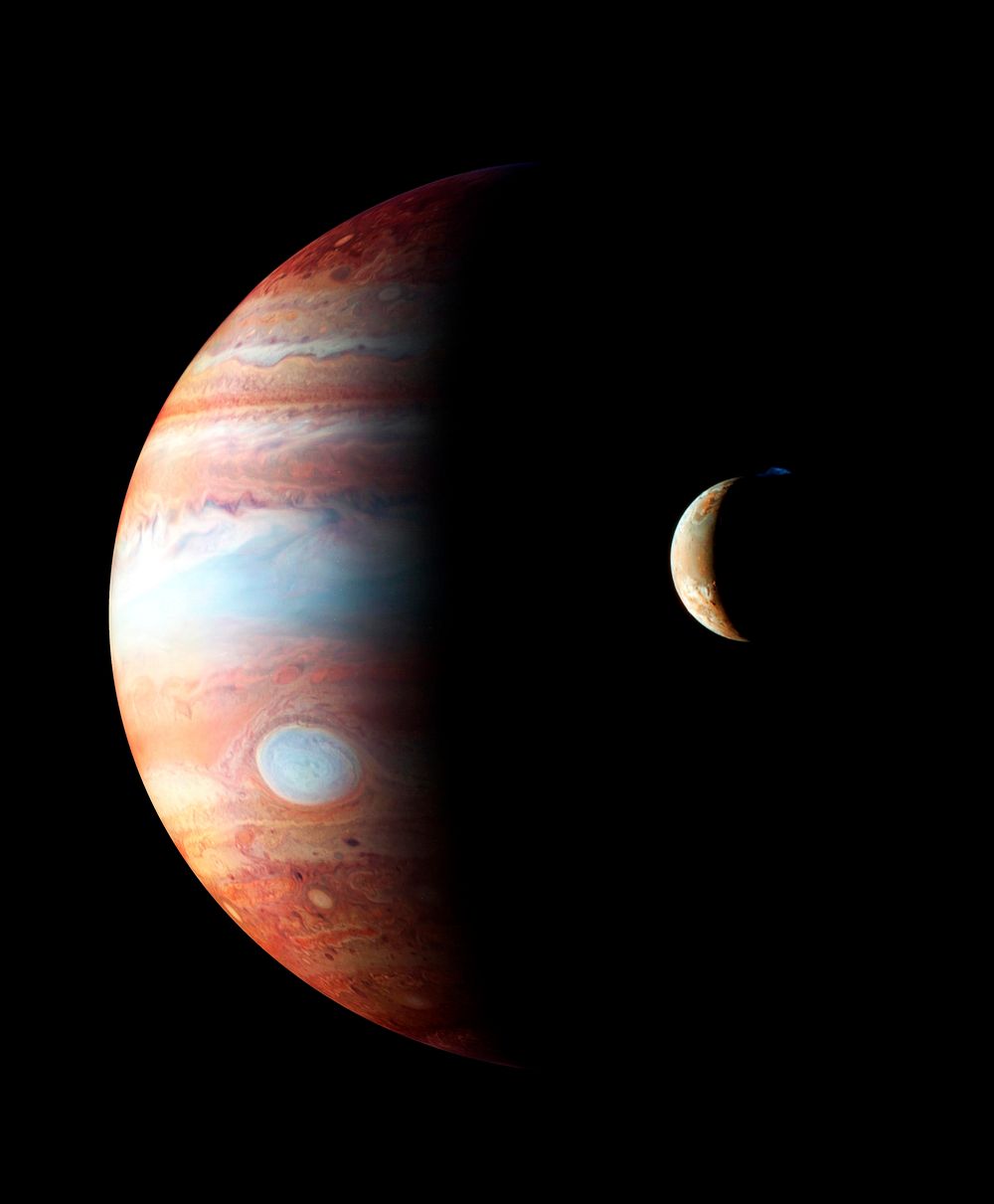 This is a montage of New Horizons images of Jupiter and its volcanic moon Io. Original from NASA. Digitally enhanced by…