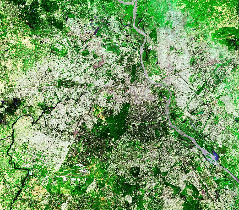 Delhi, the second largest metropolis in India, with a population of 16 million. Original from NASA. Digitally enhanced by…