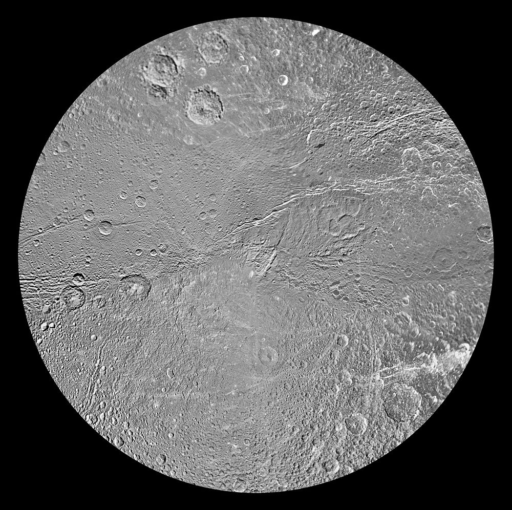 The southern hemisphere of Saturn's moon Dione is seen in this polar stereographic map. Original from NASA. Digitally…