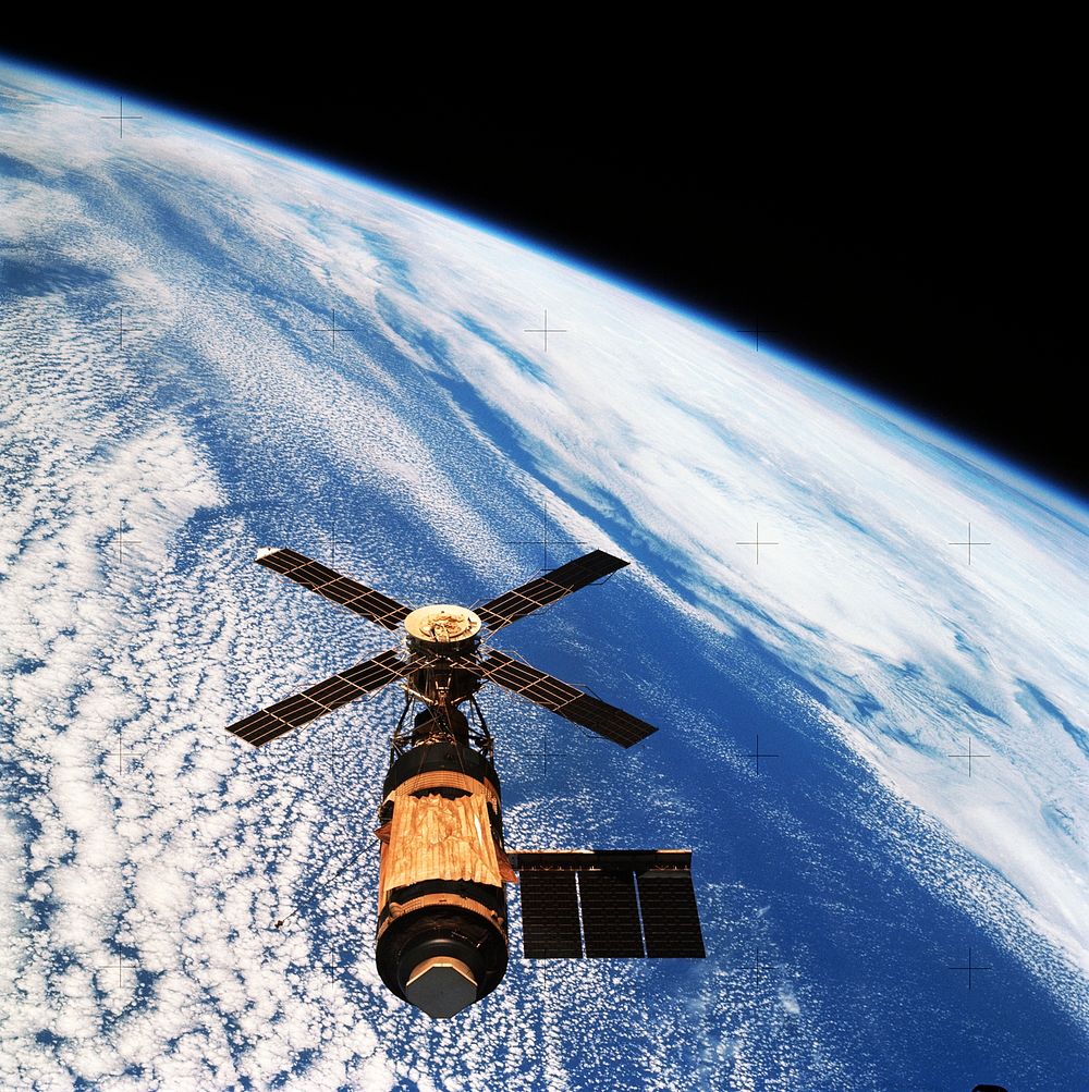 An overhead view of the Skylab space station cluster in Earth orbit. Original from NASA. Digitally enhanced by rawpixel.