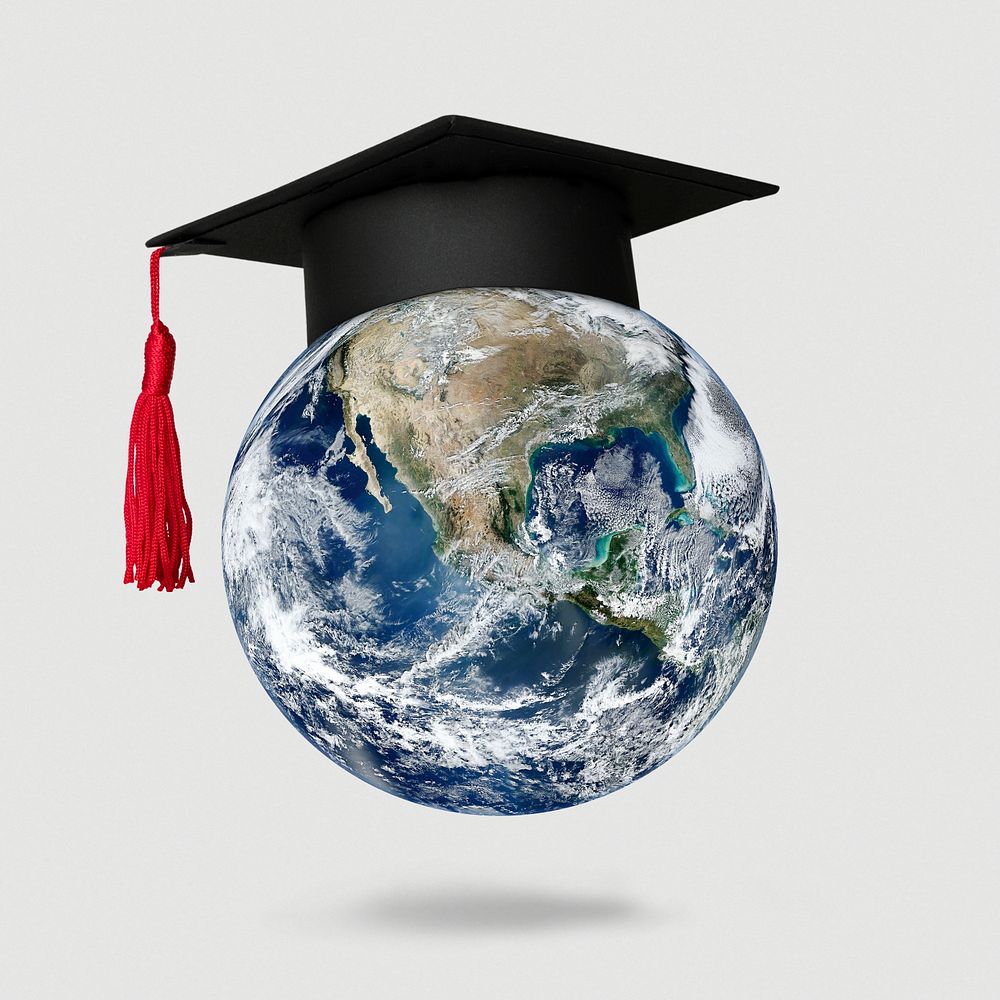 World wearing graduation cap psd global education