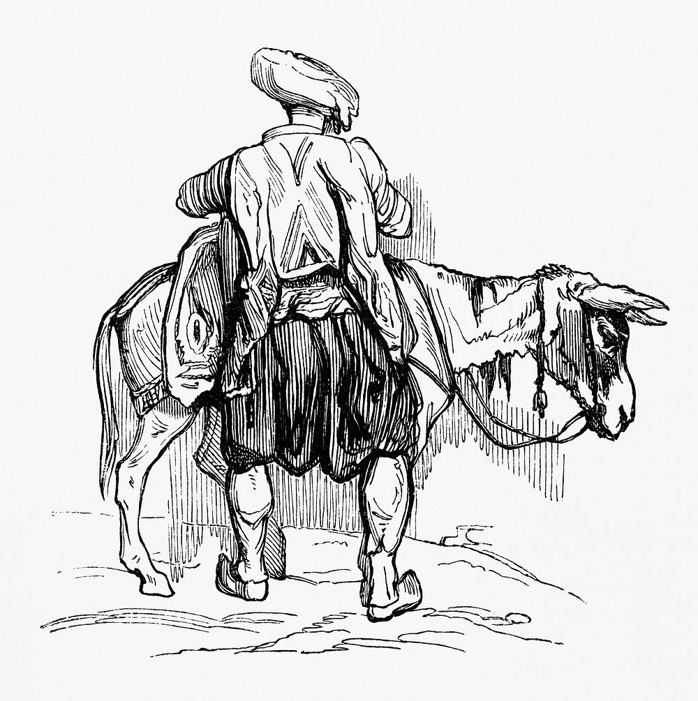 Vintage illustration of Traveler Loading up His Mule