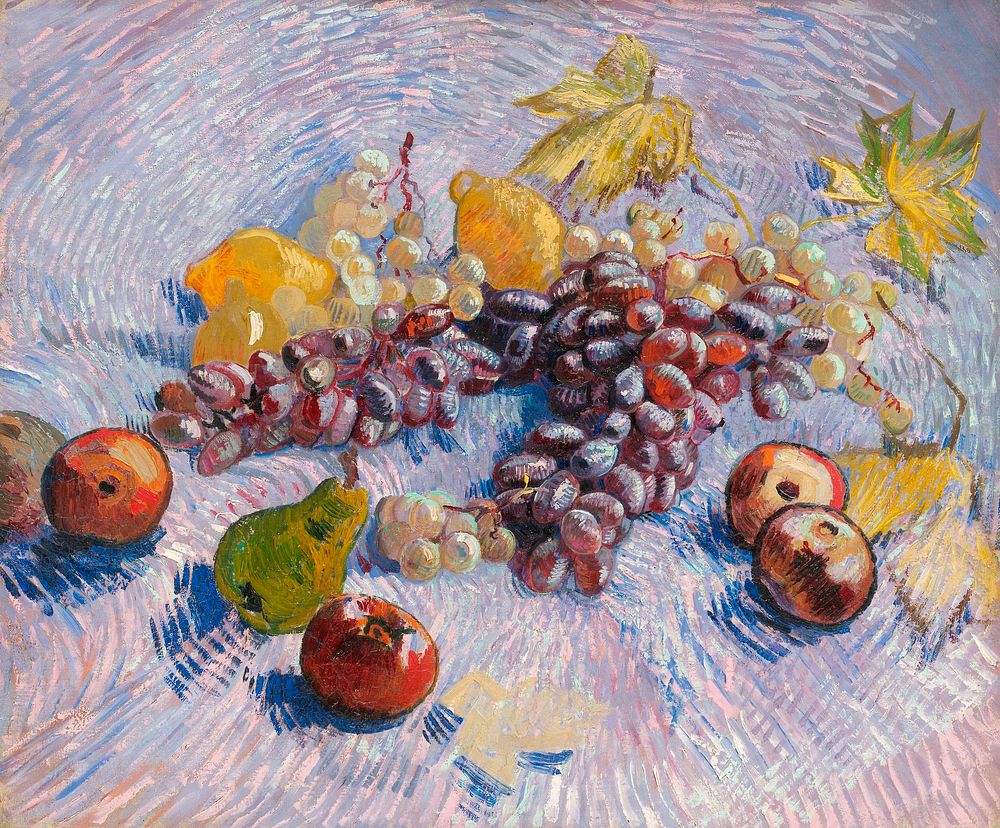 Grapes, Lemons, Pears, and Apples (1887) by Vincent Van Gogh. Original from the Art Institute of Chicago. Digitally enhanced…