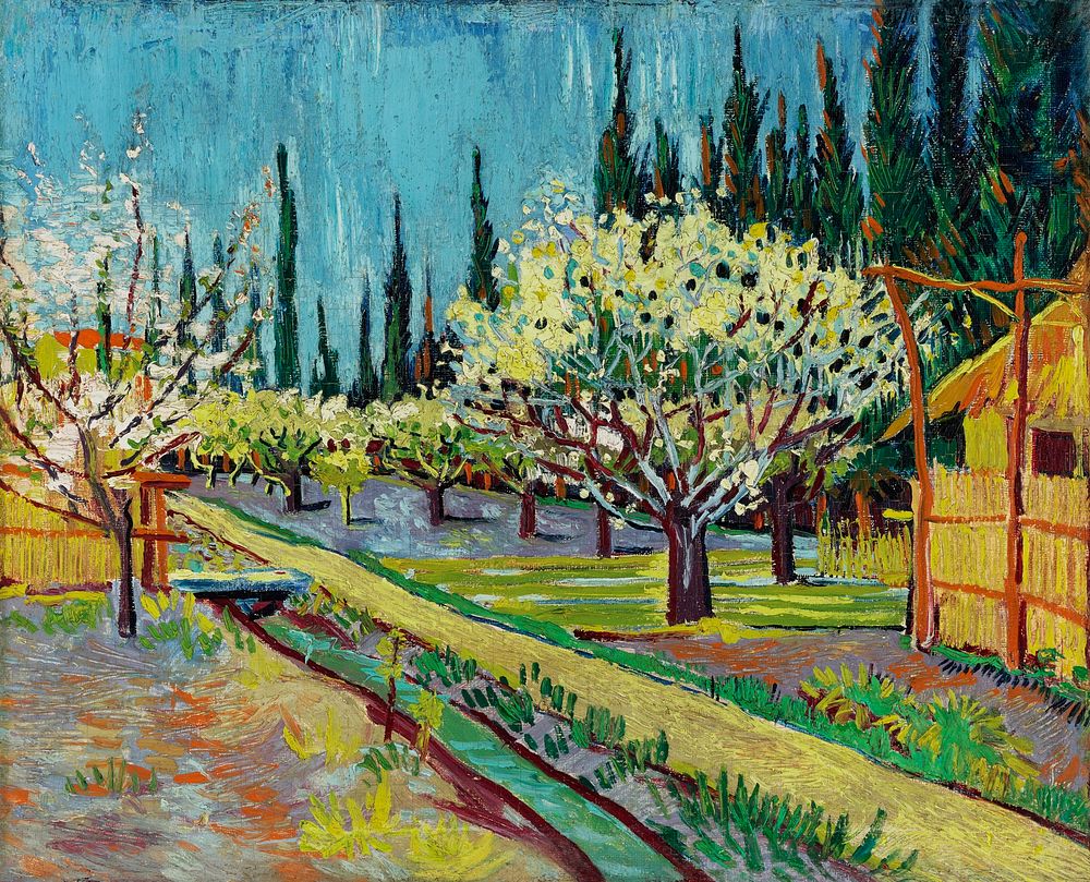 Orchard Bordered by Cypresses (1888) by Vincent Van Gogh. Original from the Yale University Art Gallery. Digitally enhanced…