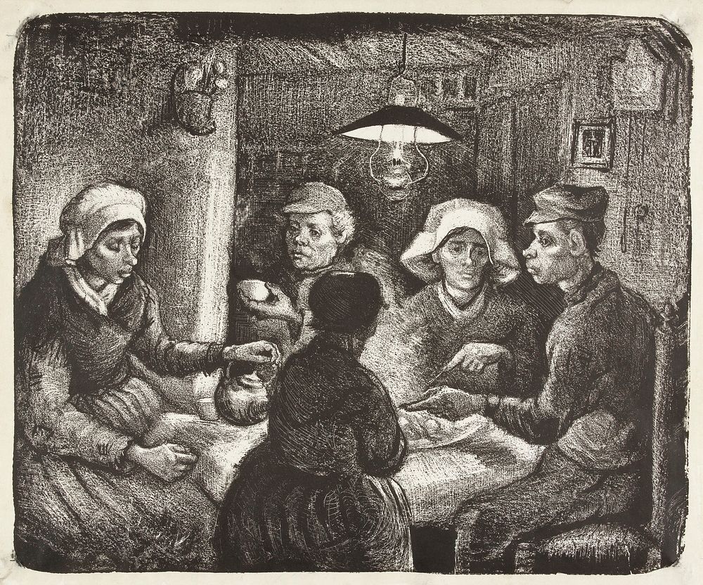 Composition lithograph of The Potato Eaters (De aardappeleters, 1885) by Vincent Van Gogh. Original from The Rijksmuseum.…