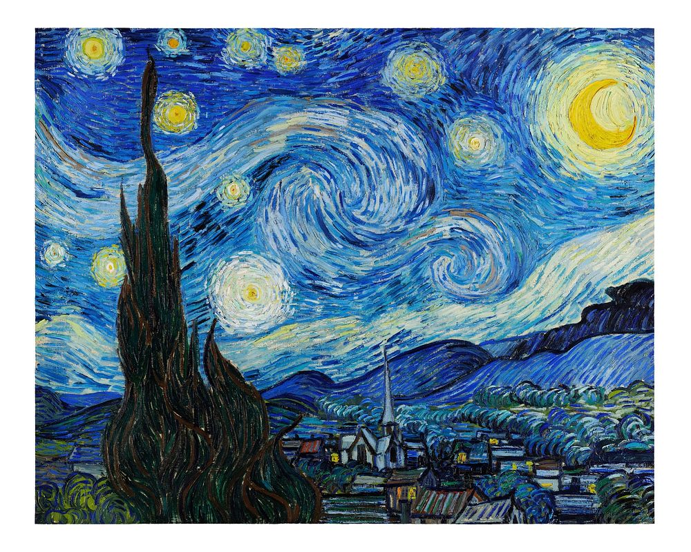 The Starry Night vintage illustration wall art print and poster design remix from original artwork by Vincent van Gogh. 